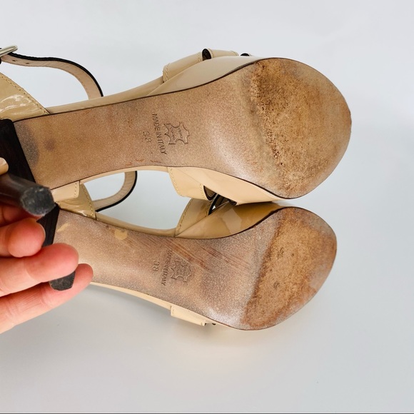 Gaston Lucioli Sandals Platforms and 5” Heels Tan Patent Leather Size 8 - Picture 12 of 14